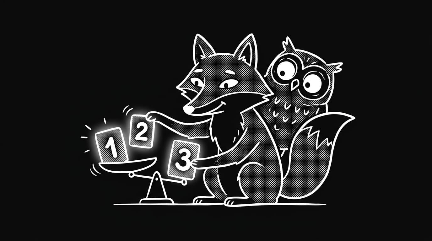 Line-art fox weighing three number cards labeled 24, Countdown, and Mathness on a balance scale.