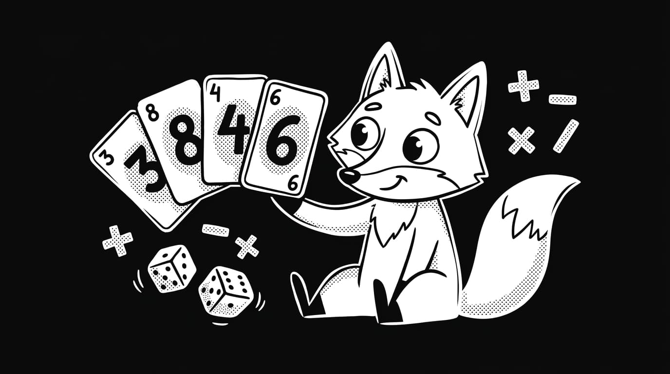 Cartoon fox holding a fan of four number cards with two tumbling dice and math operators, evoking the classic 24 card game