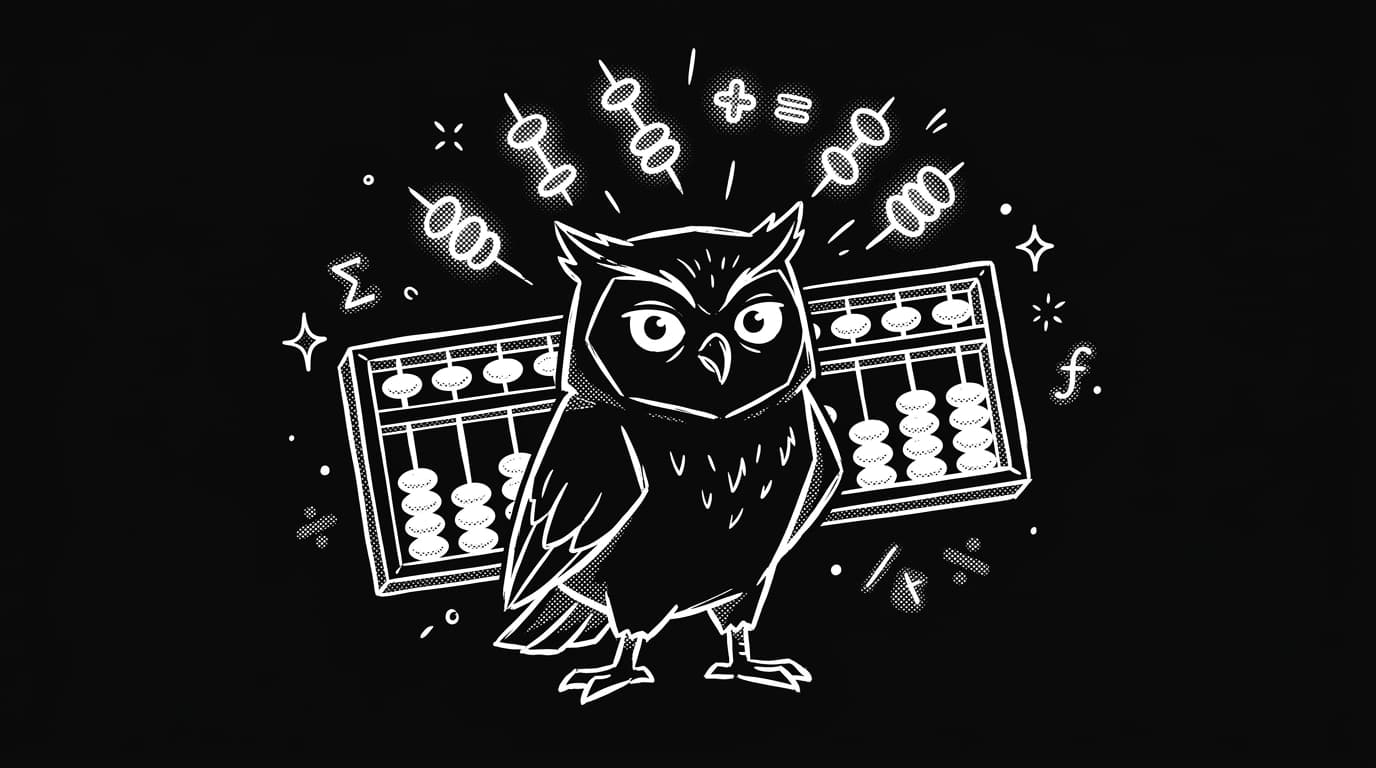 Line-art owl visualizing a floating soroban abacus for anzan mental math