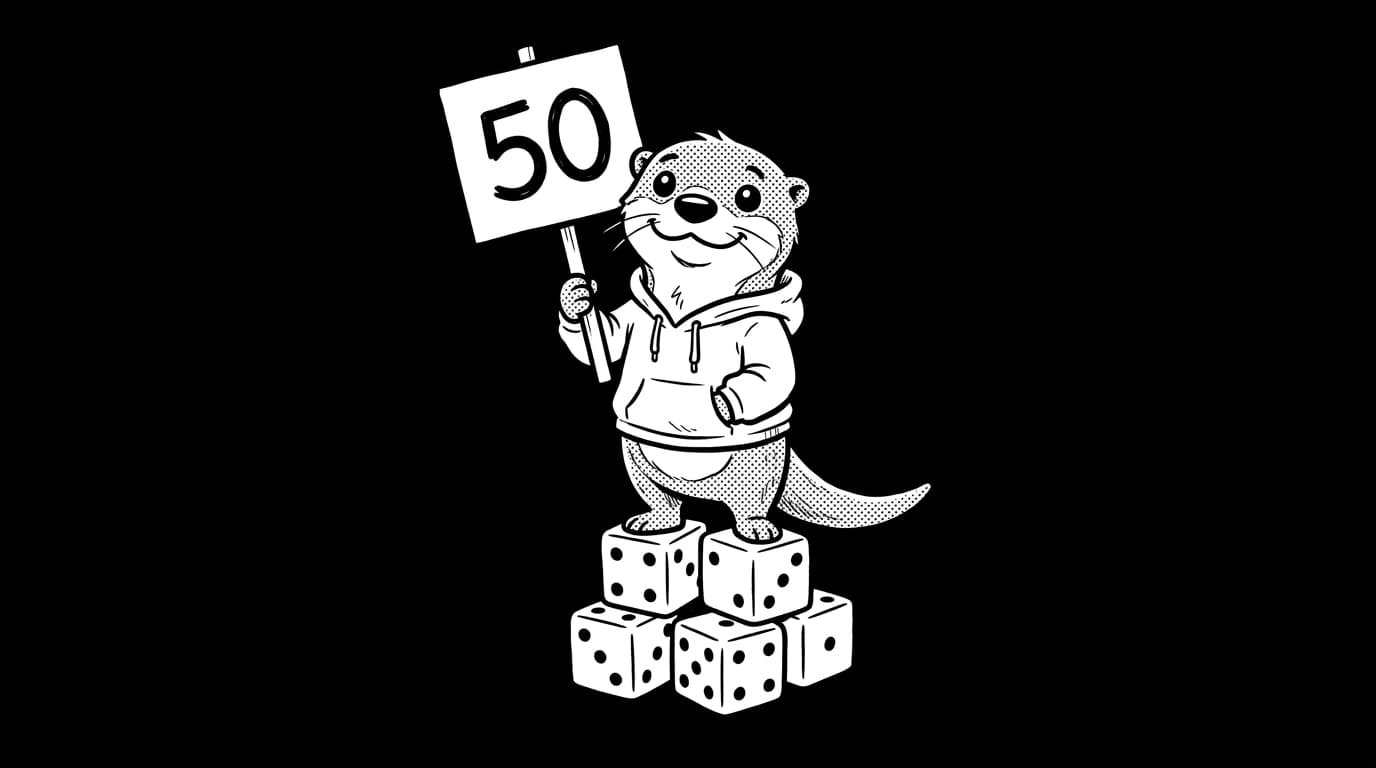 Otter mascot holding a number 50 sign on a stack of dice