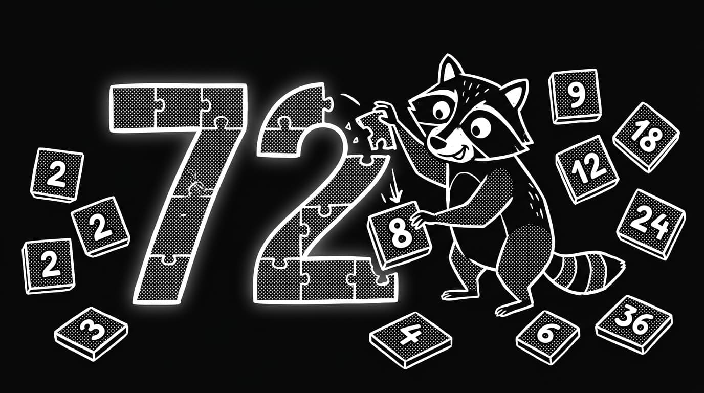 A raccoon mascot decomposing the number 72 into factor tiles