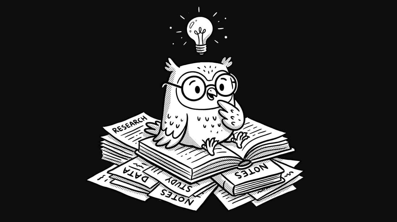 Owl in reading glasses studying research papers on mental math and cognition