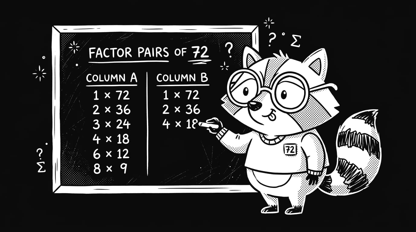 Chalkboard drawing of a raccoon writing factor pairs of 72 in white line art on black