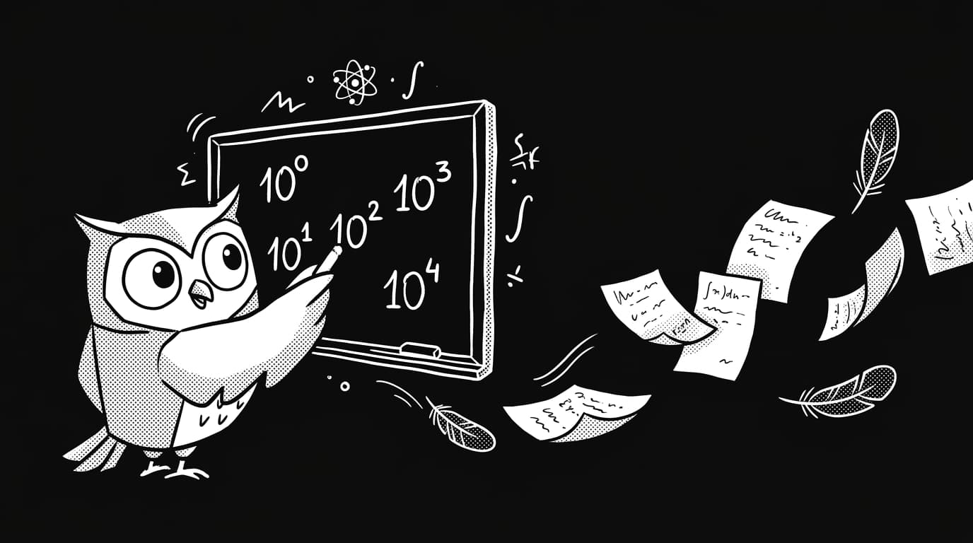 Line-art owl calculating a Fermi estimate on a blackboard