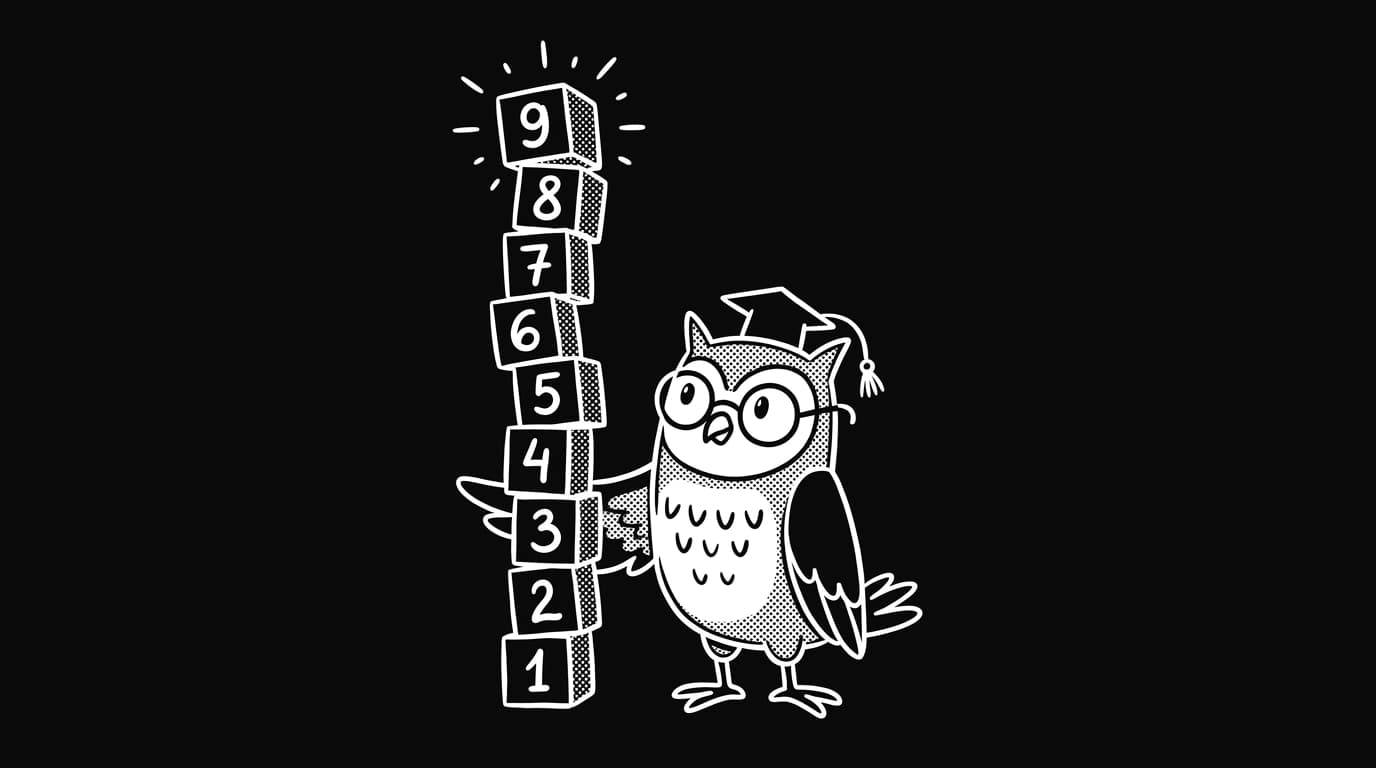 White-ink line art of an owl balancing a stack of numbered blocks against a black background