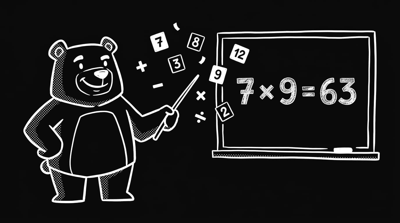 Cartoon bear pointing at a chalkboard that reads 7 times 9 equals 63, with floating number tiles and math operators