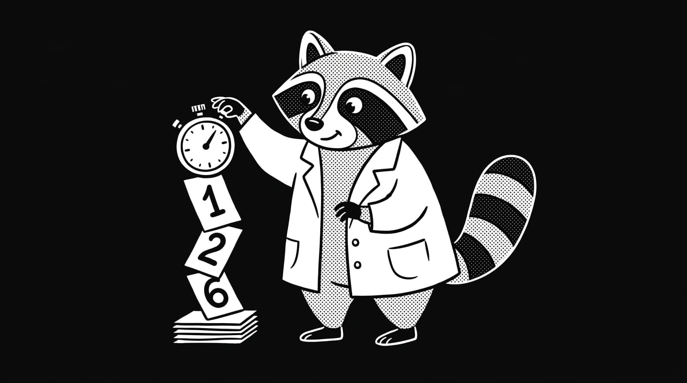 Raccoon mascot balancing a stopwatch on numbered cards, symbolizing short-round math practice.