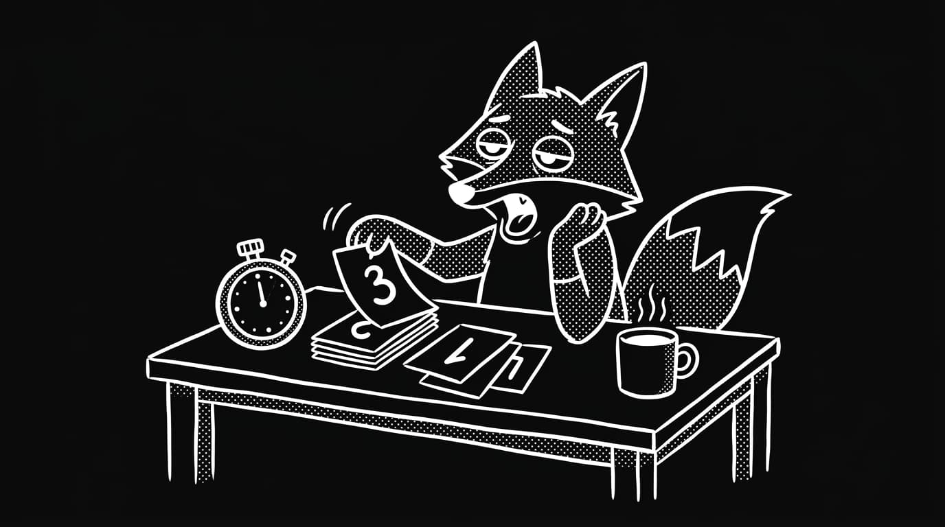 Cartoon fox at a small desk flipping flashcards stamped with numbers, a stopwatch ticking next to a stack of practice sheets