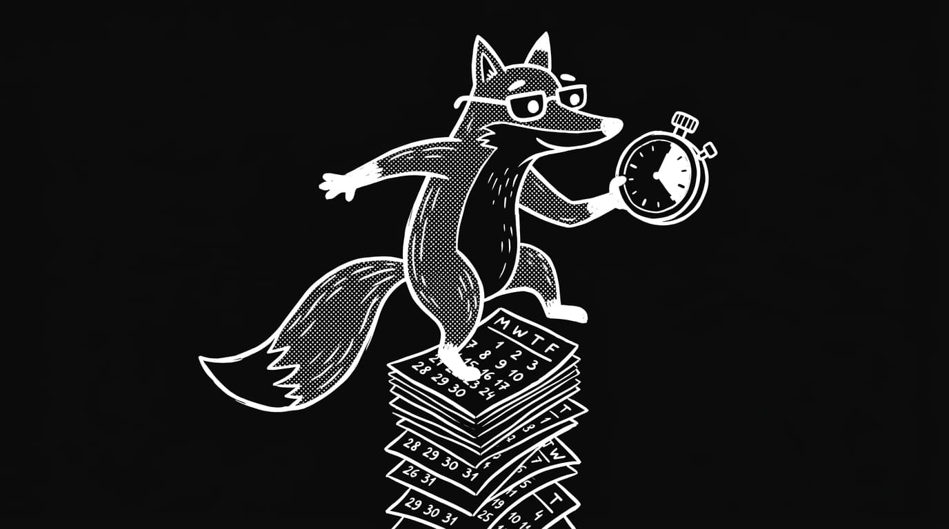 Line-art fox with stopwatch balancing on stacked calendar pages