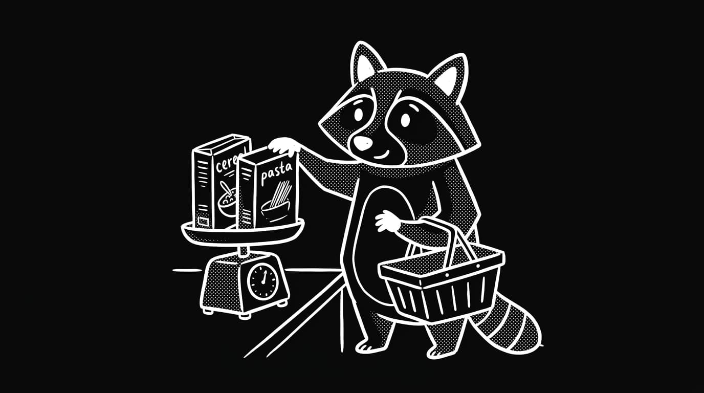 Line-art raccoon comparing two boxes on a scale, symbol of unit-price mental math