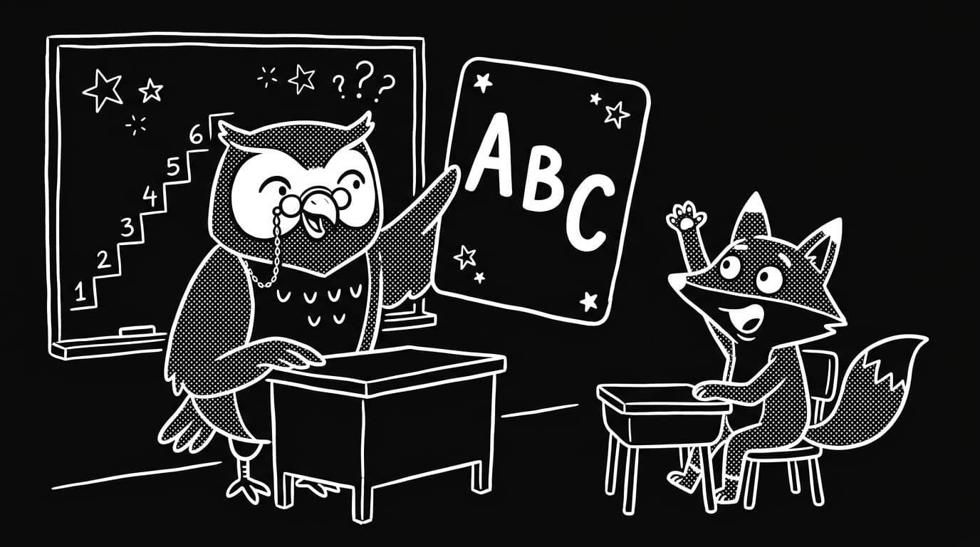 Owl teacher and fox student practicing mental math with flashcards