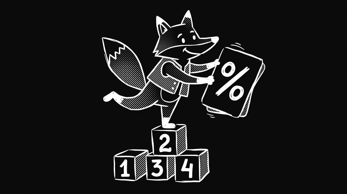 A fox mascot flipping a percent card on a stack of number blocks, white ink on black