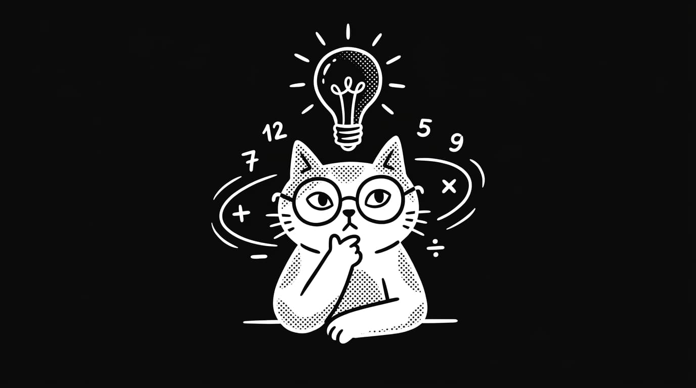 Cartoon cat with round glasses in a thinking pose, a glowing lightbulb overhead and numbers and math operators swirling around its head