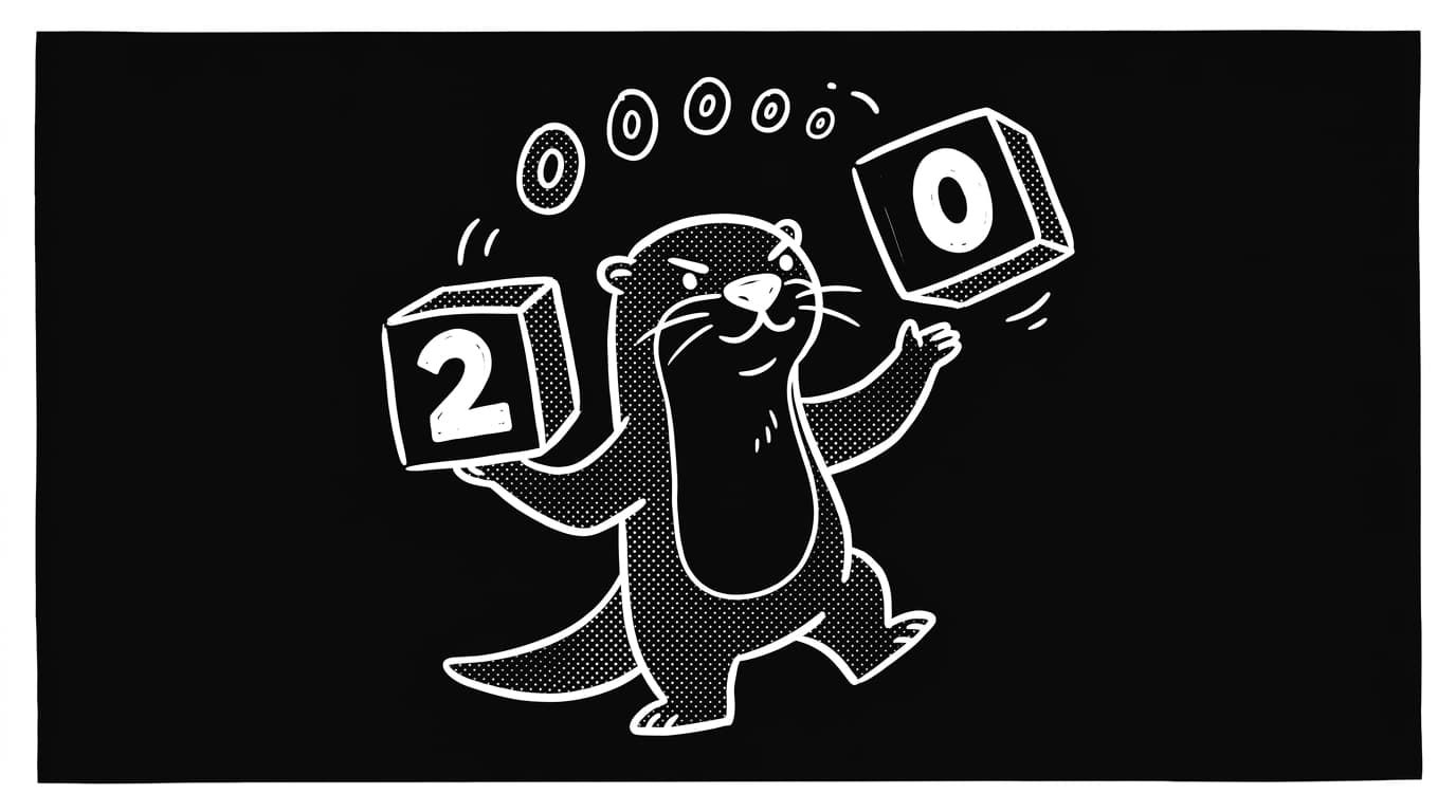 White-ink line art of an otter juggling number blocks labeled 2 and 0 on a black background