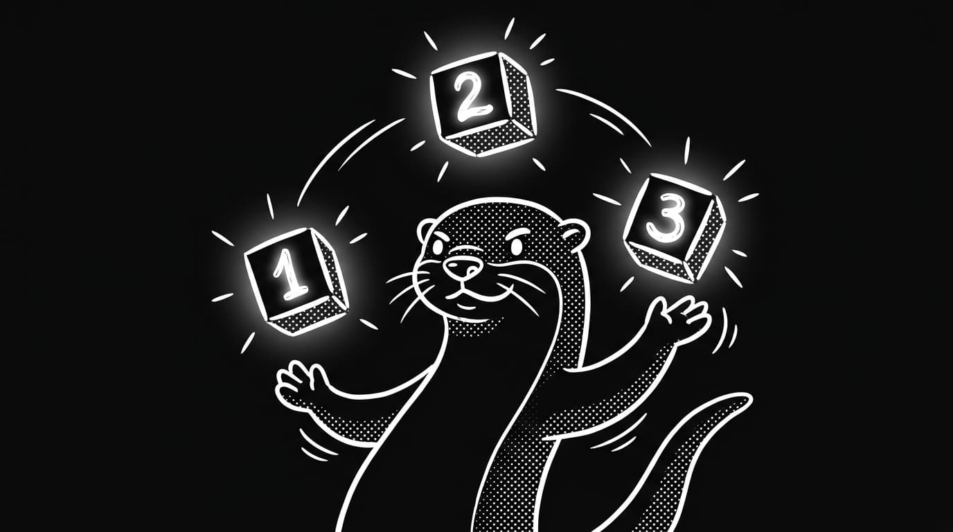 Line-art otter juggling three number blocks on black background