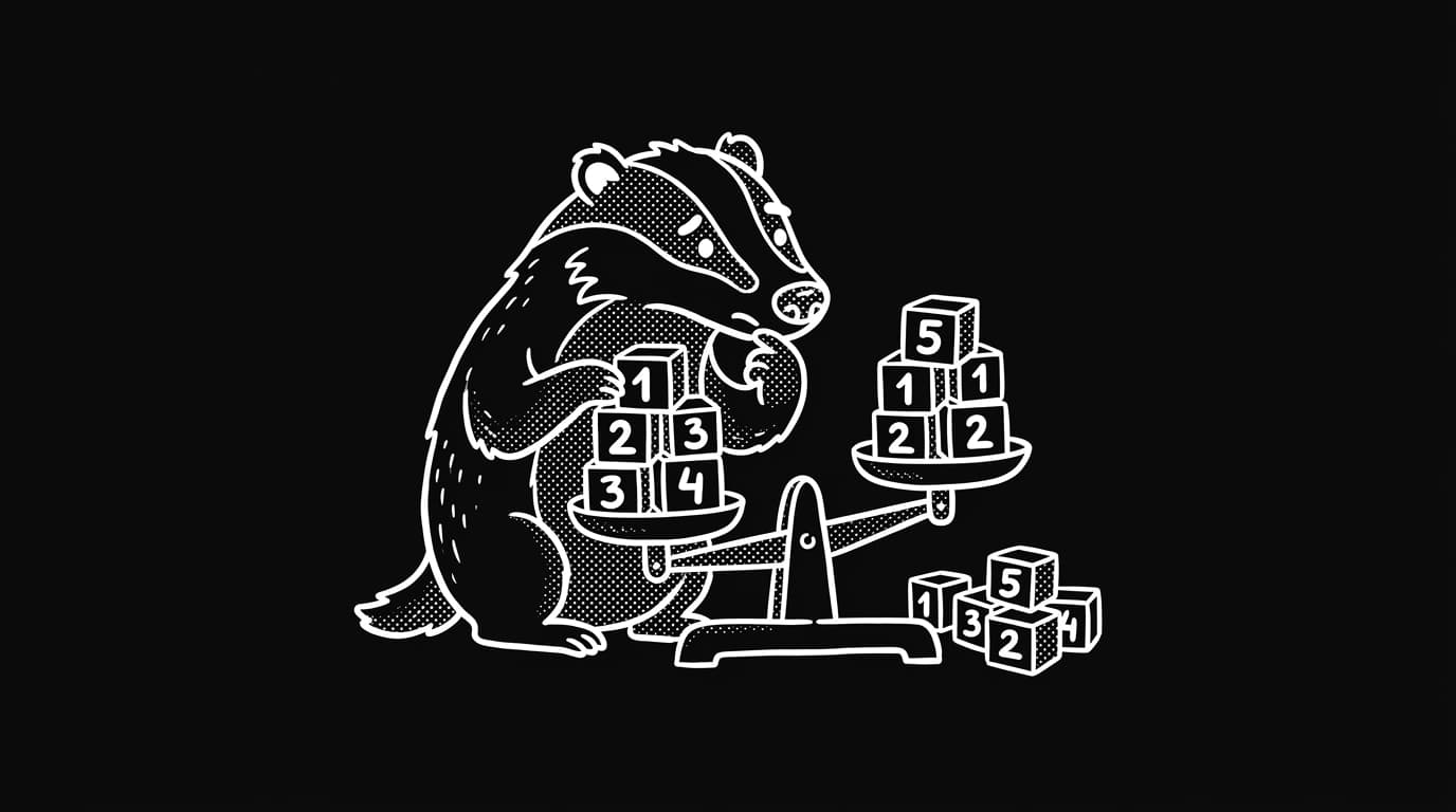 A line-art badger balancing odd and even number blocks on a scale