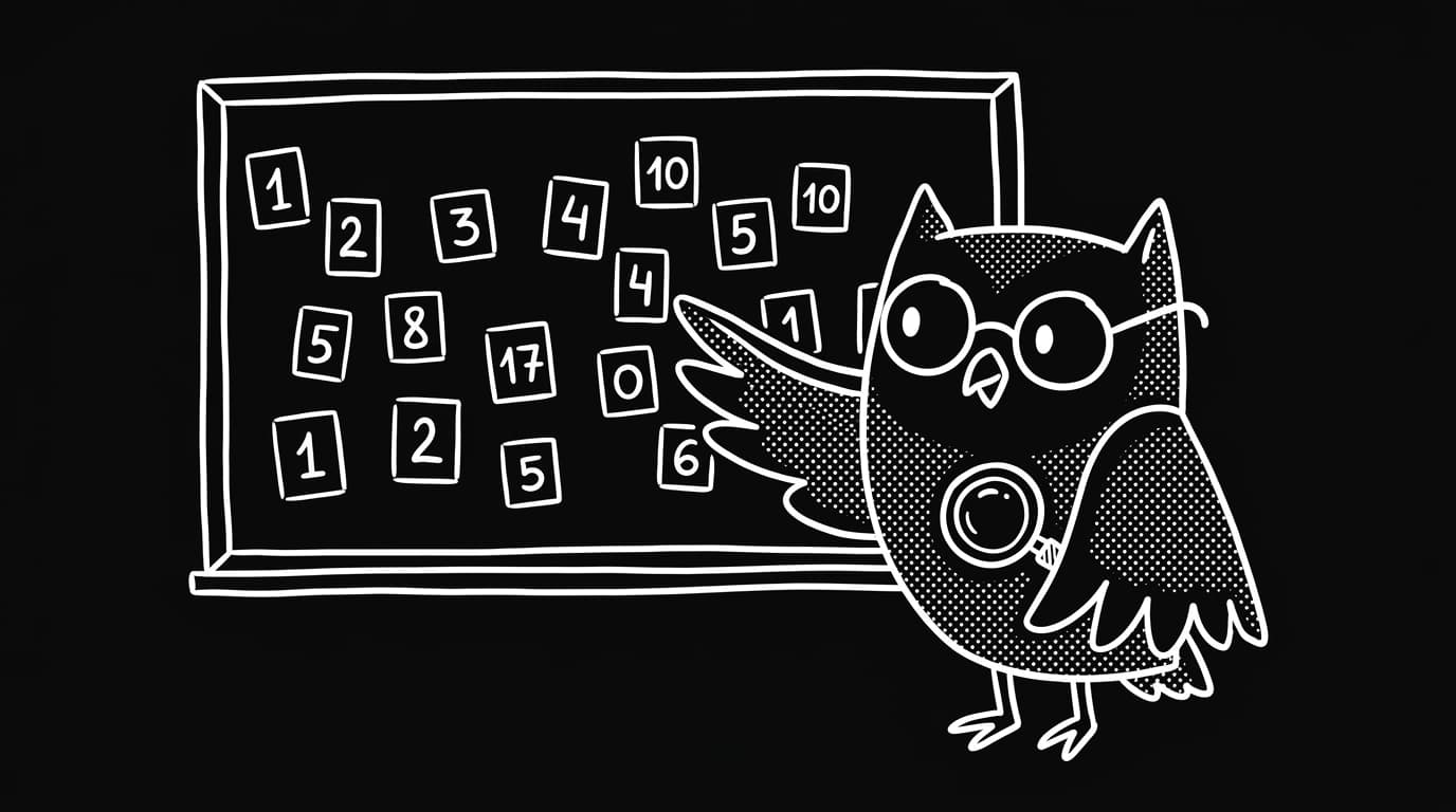 Cartoon owl in round spectacles inspecting a board of glowing number tiles with a tiny magnifying glass