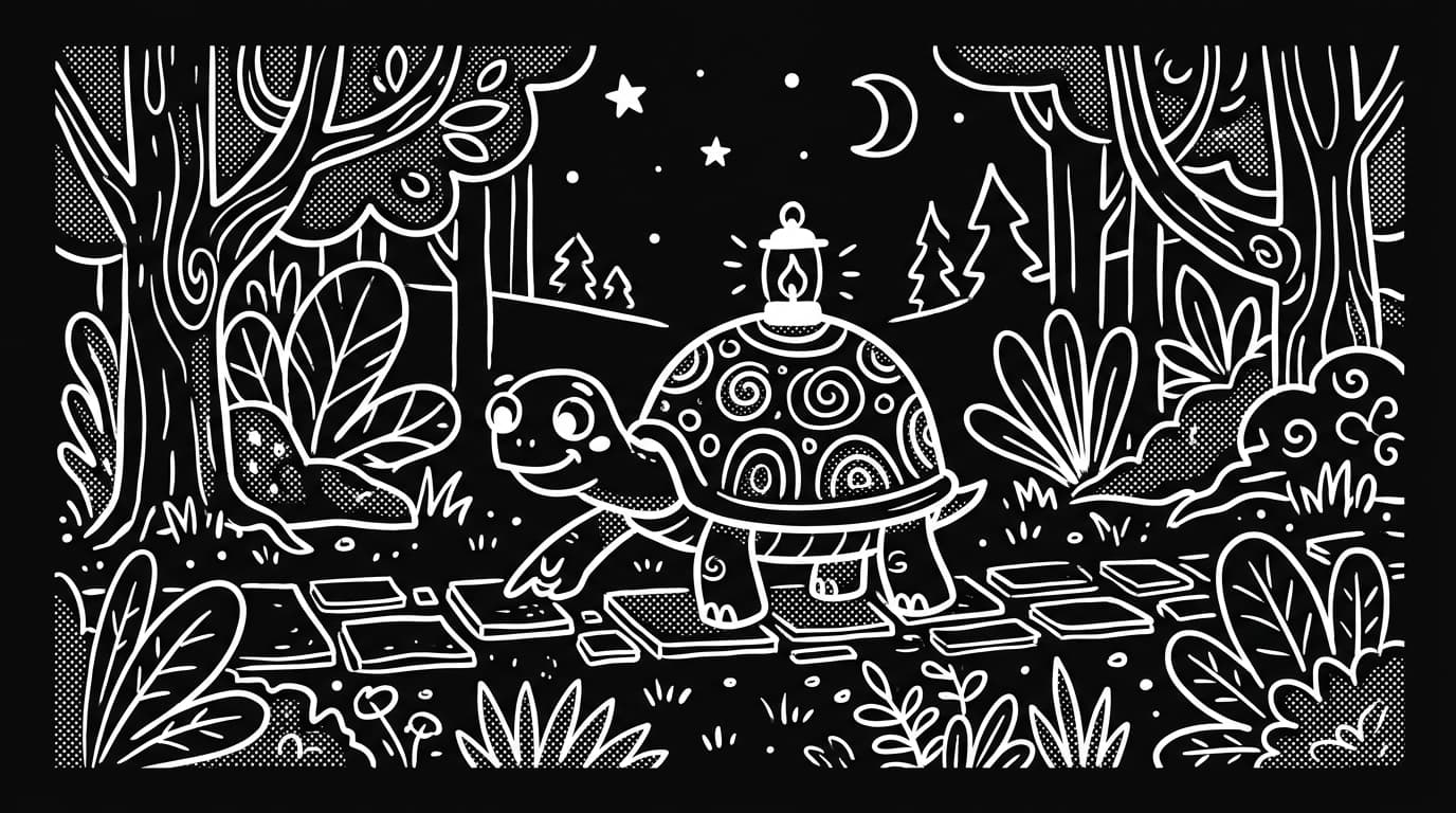 A calm tortoise carrying a small lantern, counting number tiles in a quiet forest, white-ink line art on black