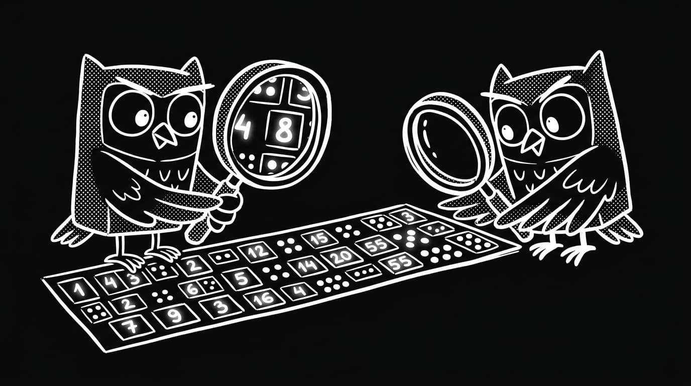 An owl scanning a board of number tiles twice, with a magnifying glass