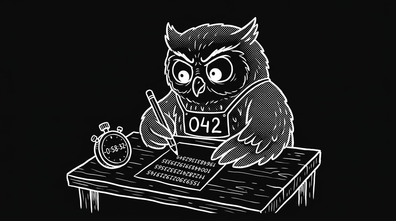 Line-art owl competitor at a mental calculation contest desk with pencil, numbered paper, and stopwatch