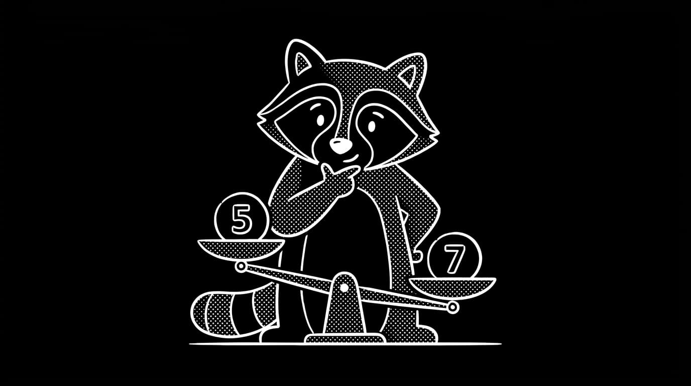 Raccoon mascot weighing two number tiles on a balance scale, deciding whether to skip a Mathness round