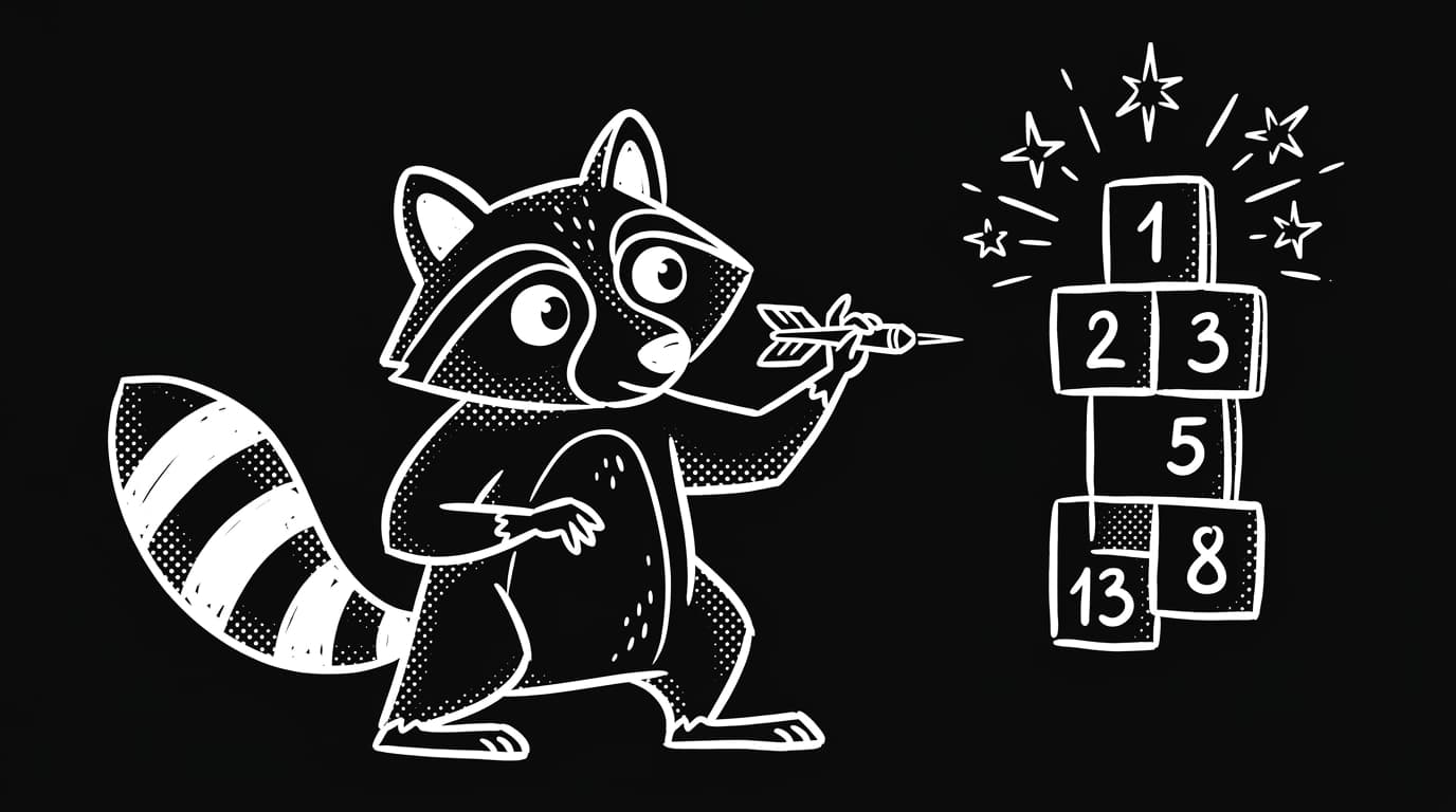 Cartoon raccoon aiming a dart at a glowing target ringed with number tiles and math operators